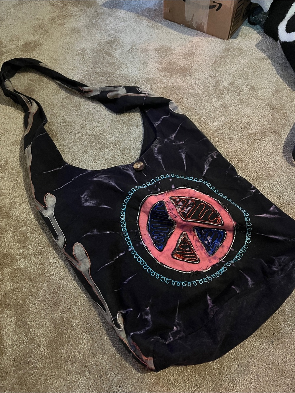Embroidered Peace Sign Shoulder Bag in Black and Pink